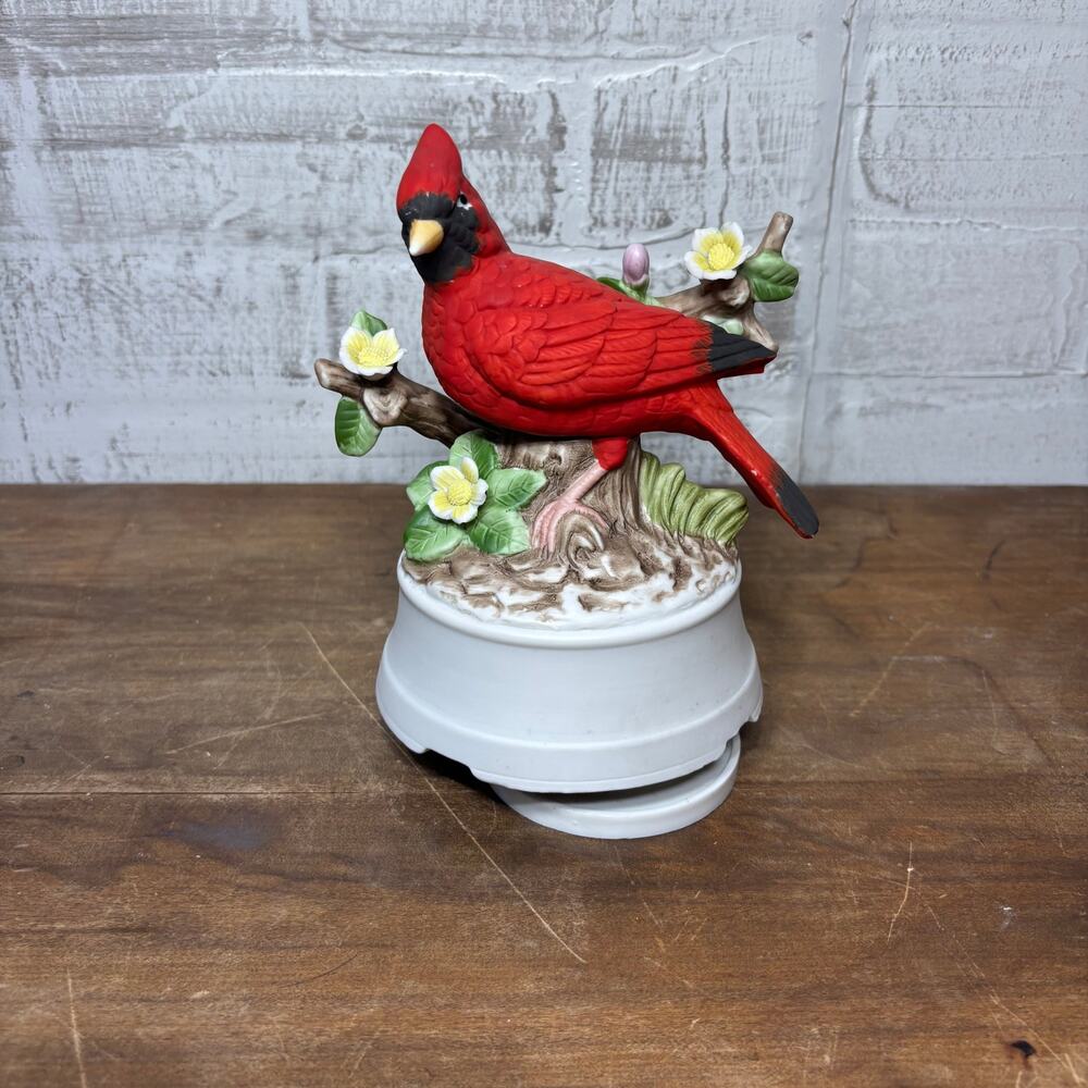 Vintage Porcelain Red Cardinal Spinning Music Box